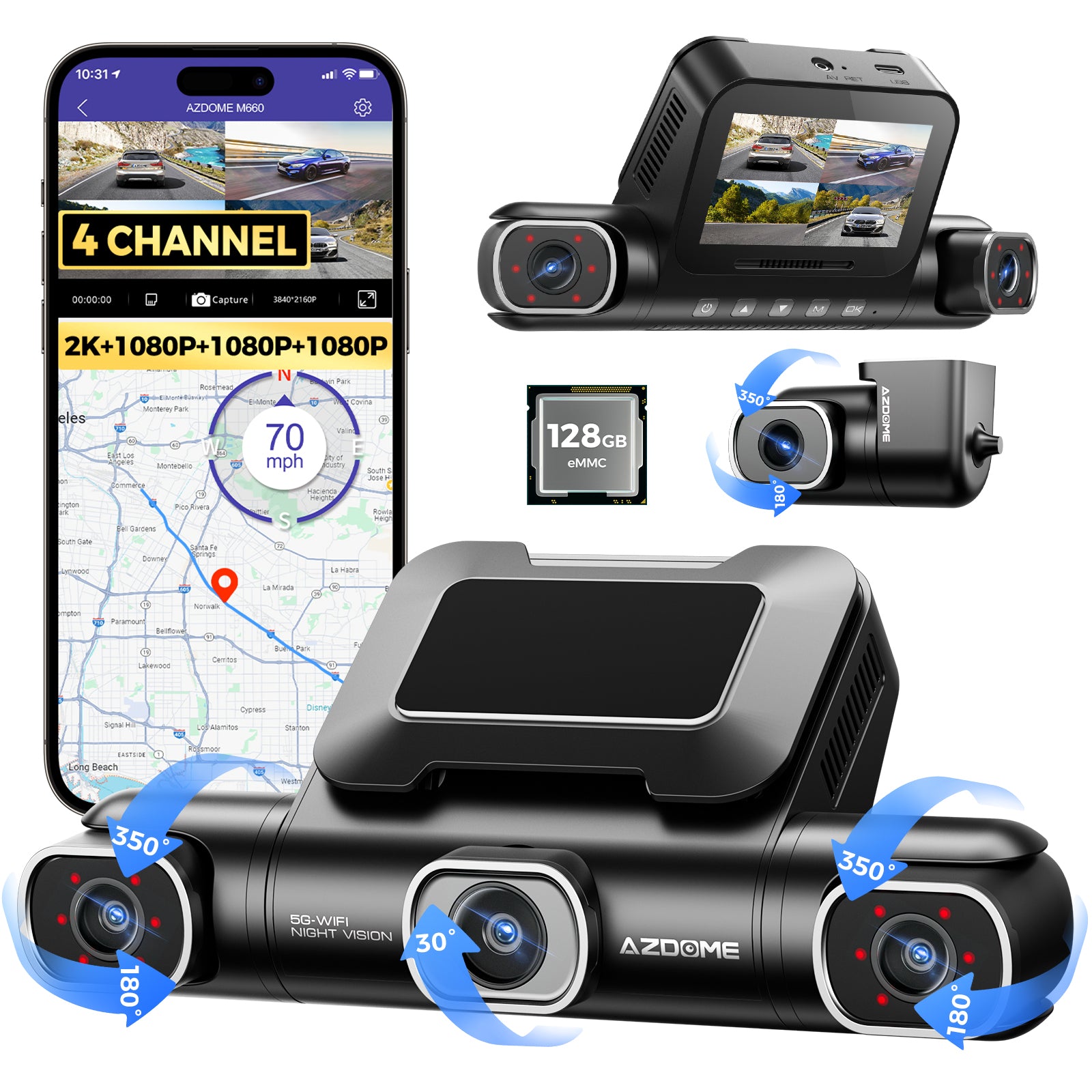 AZDOME M660 Dashcam Voiture 4 Canaux 4K 360 Degrés avec 128 Go eMMC, Dashcam 2,5K + 3 x 1080P, WiFi 5G, Dashcam Voiture Contrôle Vocal Vision Nocturne IR Avant Arrière, Mode Stationnement
