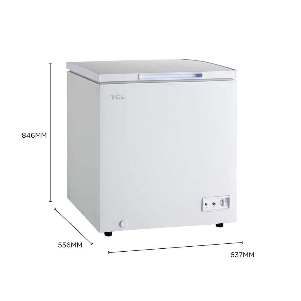 TCL CF182EWE0FR Congélateur 140 L, panier de rangement inclus, couvercle à équilibrage par contrepoids, convient pour diverses applications, thermostat réglable, pieds réglables
