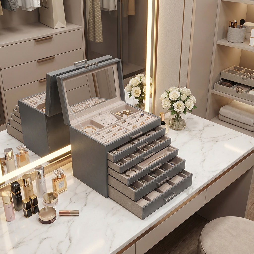 JOYFURNOS Boîte à Bijoux 6 Niveaux, Écrin à Accessoires, avec Grand Miroir, 5 Tiroirs, Rangement pour Bijoux, Moderne, Gris
