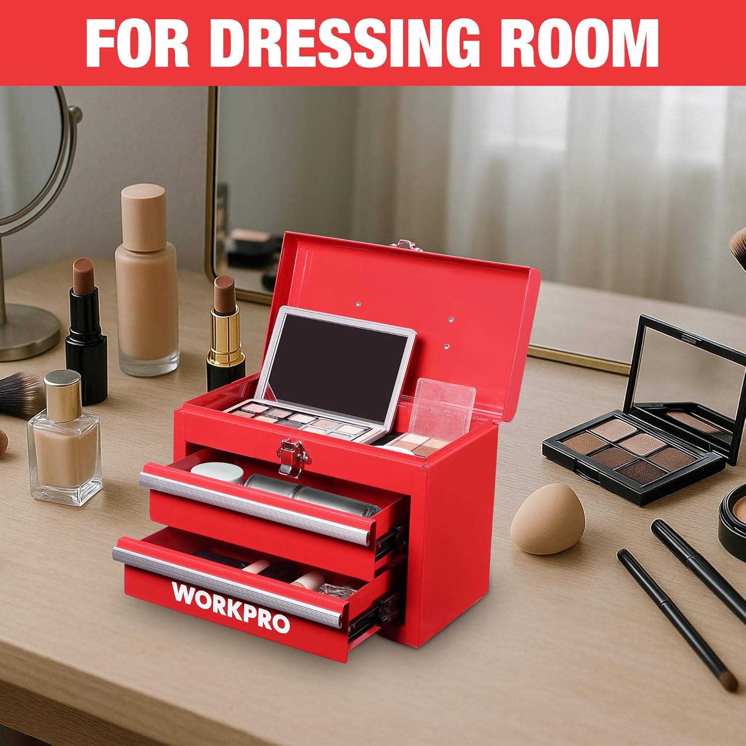 WORKPRO Mini portable, boîte en acier à double compartiment (glissière à rouleaux améliorée, avec serrure et poignée) - Rouge