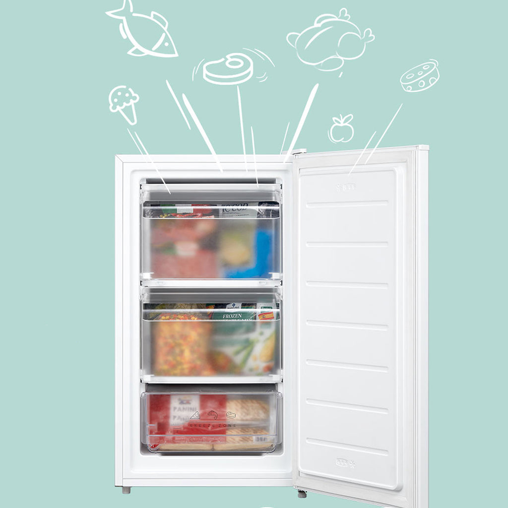 Comfee' RCU60WH2(E) Congélateur vertical avec tiroirs 60 L, 3 x tiroirs de congélation, porte unique, température réglable, porte réversible, silencieux, pose libre, Blanc