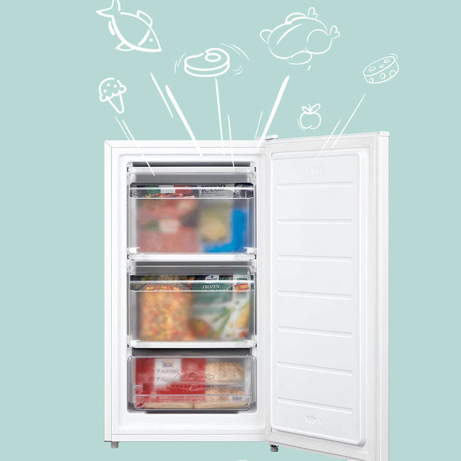 Comfee' RCU60WH2(E) Congélateur vertical avec tiroirs 60 L, 3 x tiroirs de congélation, porte unique, température réglable, porte réversible, silencieux, pose libre, Blanc