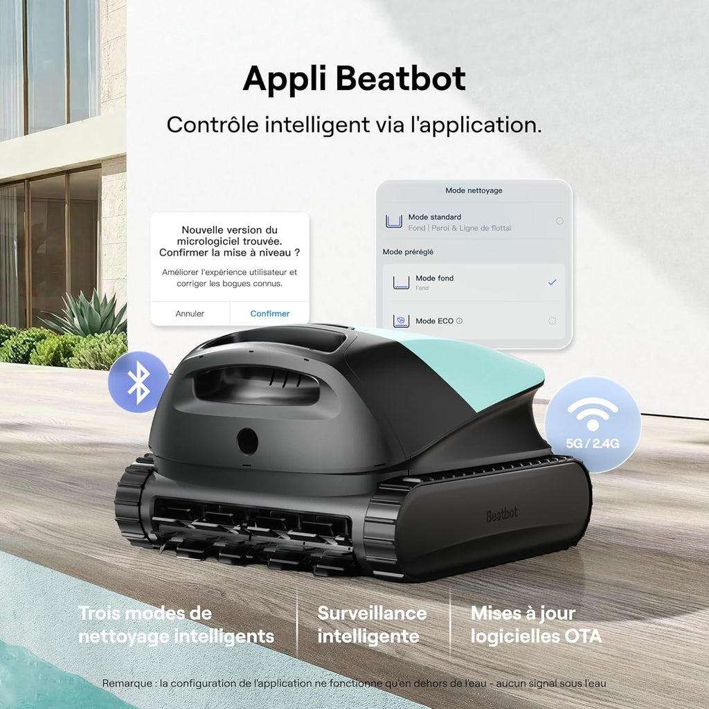 Robot Nettoyeur de Piscine Sans Fil Beatbot M10 Version - Fond/Murs/Ligne d'Eau/Plages Sous-marines, Aspiration 25700 L/h, Stationnement Intelligent sur la Ligne d'Eau, Filtre 5 L