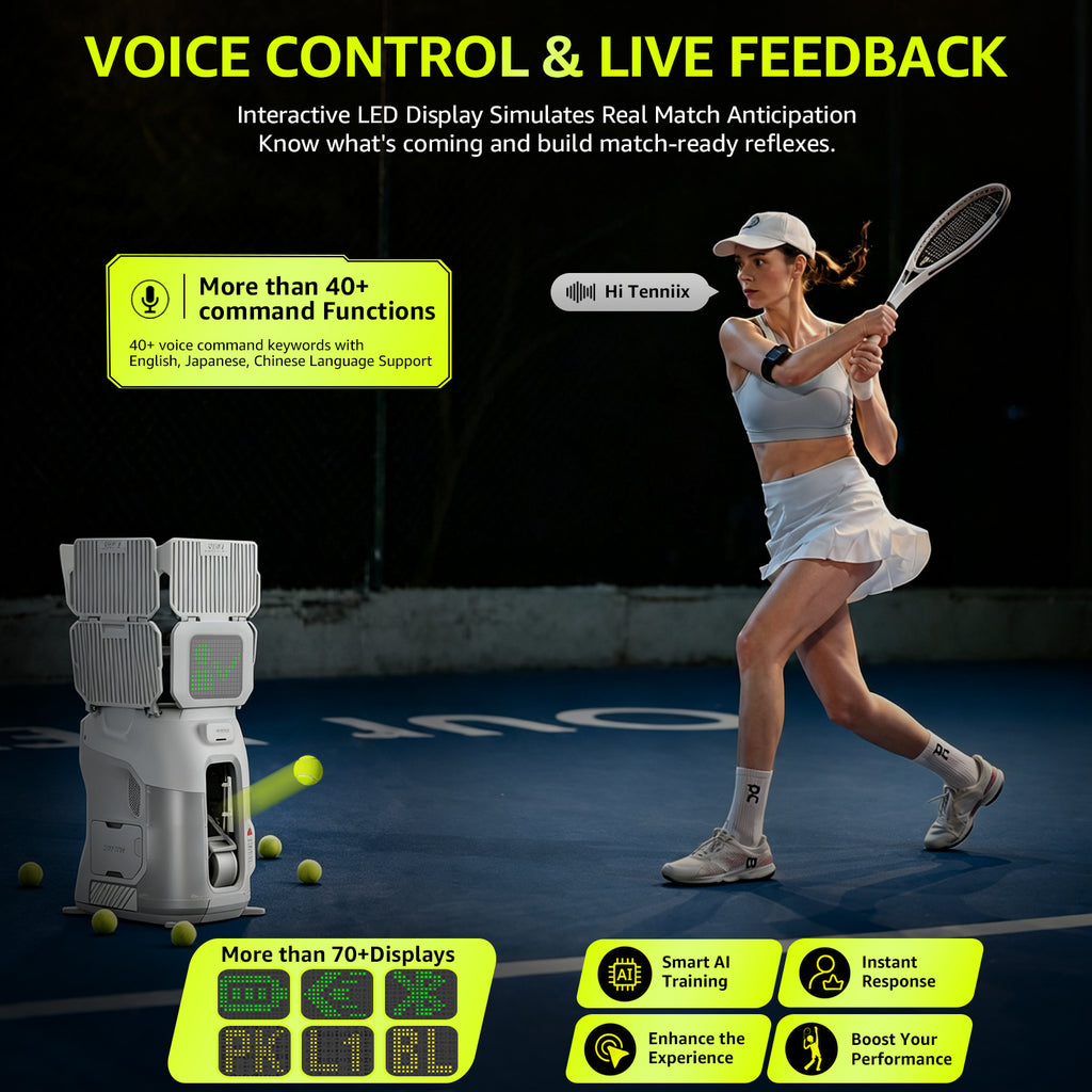 TENNIIX Basic Mint White robot de tennis IA, 100+ services / contrôle vocal et par application / écran LED / moteur QDD, 1 000+ modes d'entraînement personnalisés