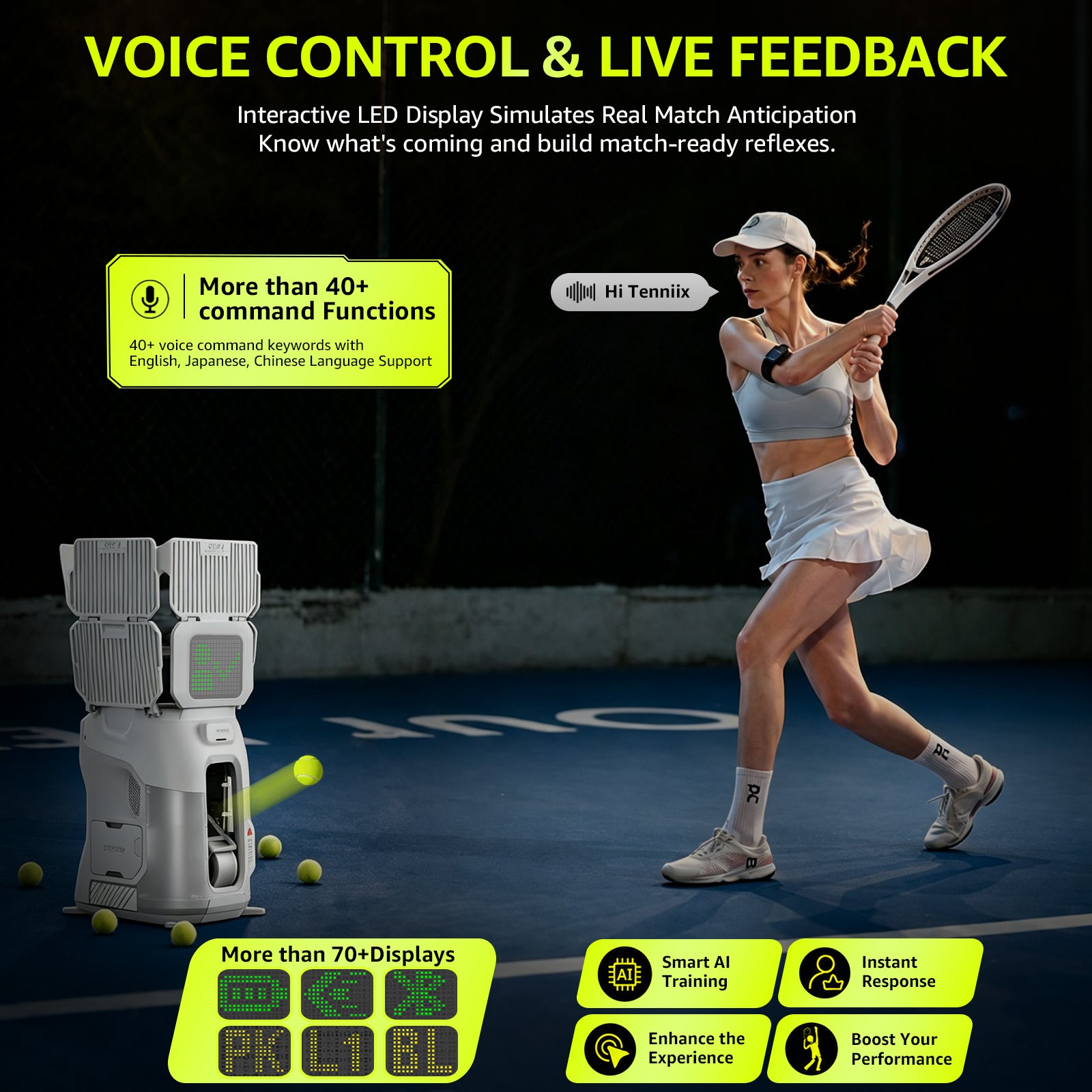 TENNIIX Basic Mint White robot de tennis IA, 100+ services / contrôle vocal et par application / écran LED / moteur QDD, 1 000+ modes d'entraînement personnalisés