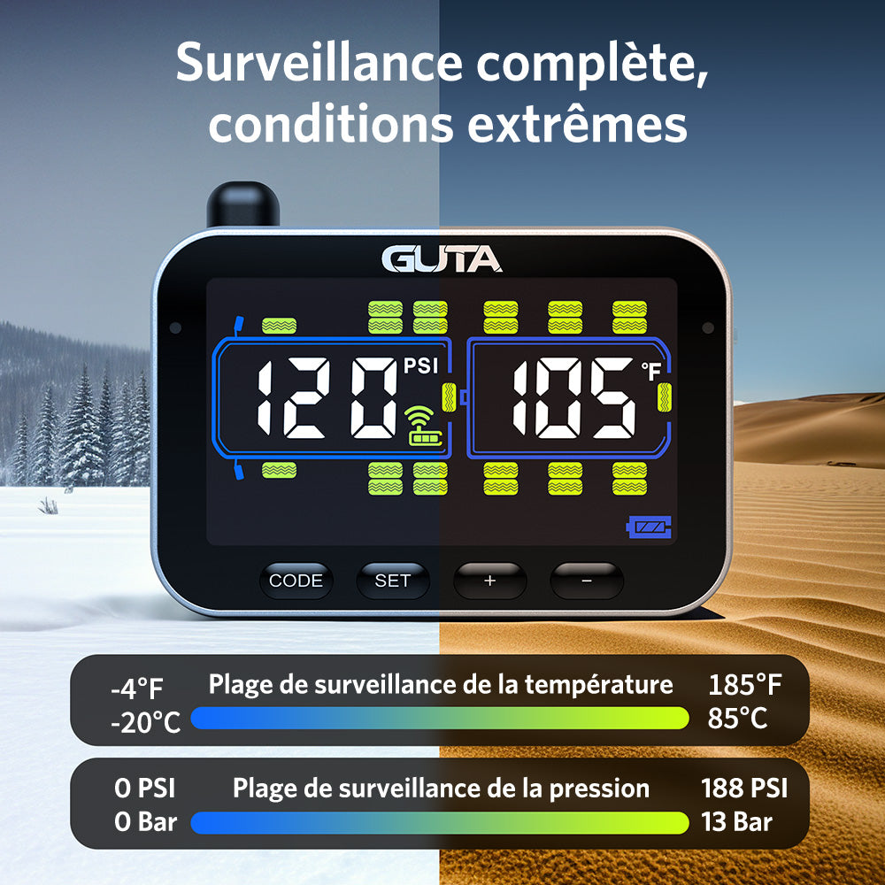 GUTA Système de surveillance de la pression des pneus pour camping-car/remorque avec 6 capteurs, surveillance en temps réel de 0 à 188 PSI, 6 alarmes, écran couleur LCD, répéteur