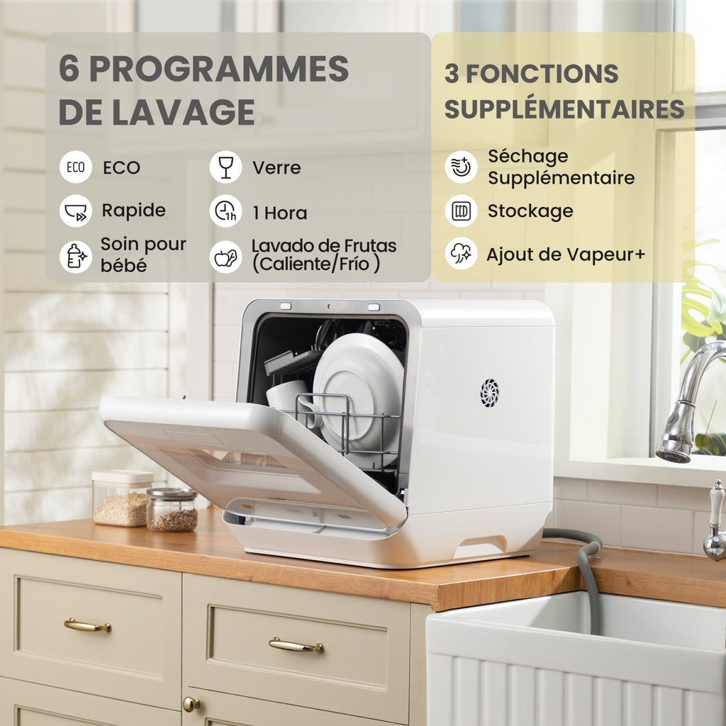 Comfee' Mini Lave-Vaisselle Compact, 6 Programmes, Fonctions Vapeur, Soin Bébé & Lavage Fruits, Sans Installation, Démarrage Différé, Stockage 72h, Blanc, Classe Énergétique D