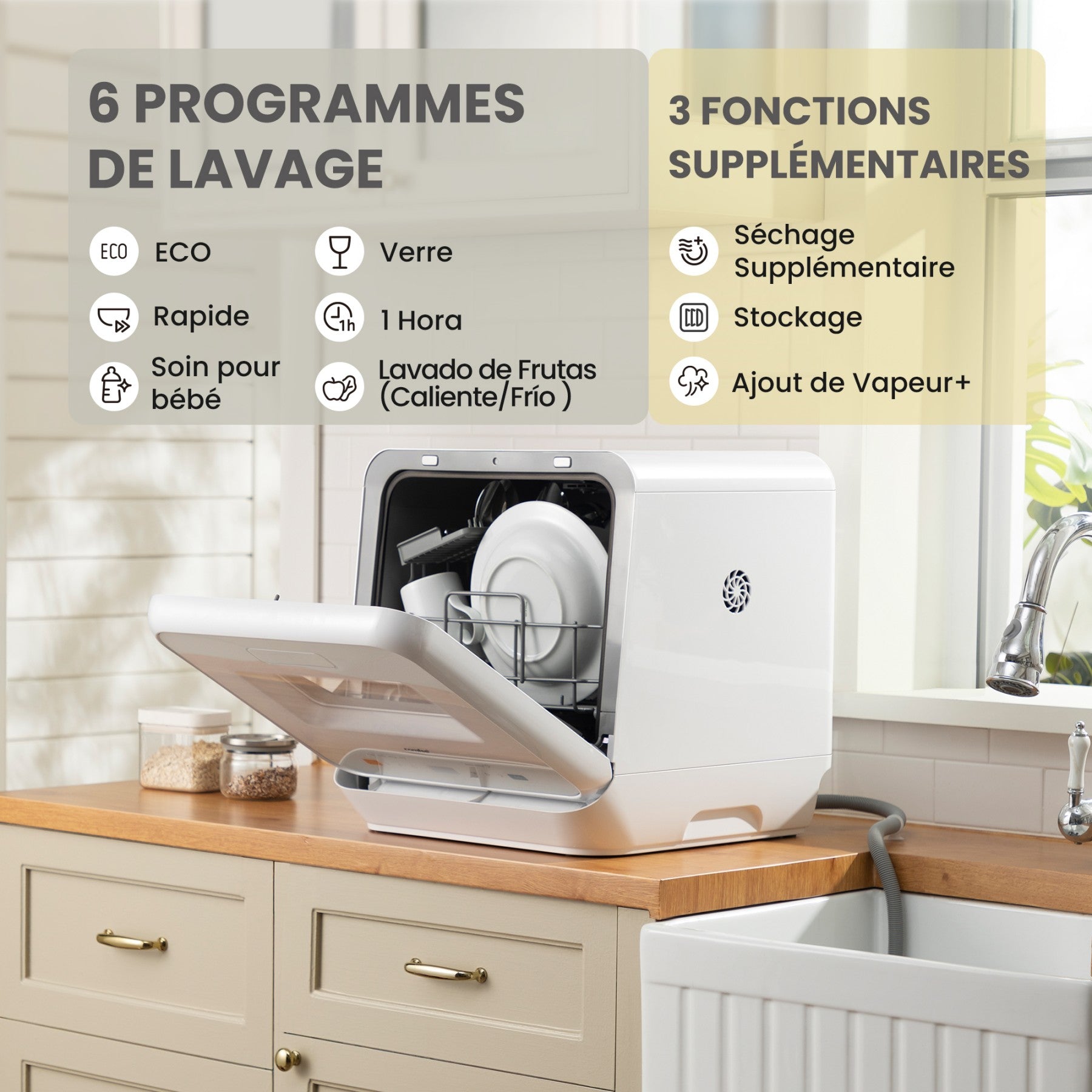 Comfee' Mini Lave-Vaisselle Compact, 6 Programmes, Fonctions Vapeur, Soin Bébé & Lavage Fruits, Sans Installation, Démarrage Différé, Stockage 72h, Blanc, Classe Énergétique D