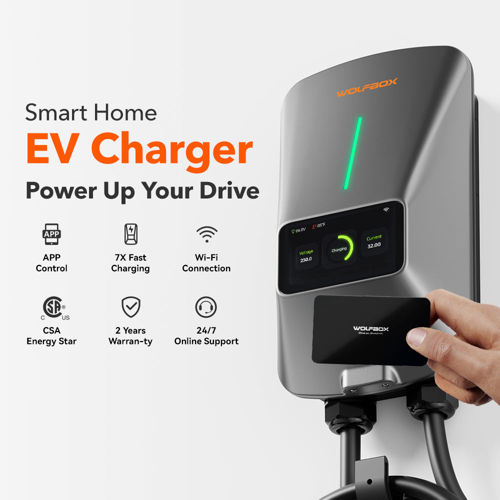 WOLFBOX AC07 Station de recharge 32 A pour voiture électrique 7 kW Type 2 monophasé chargeur mural avec écran LCD contrôle via application carte RFID