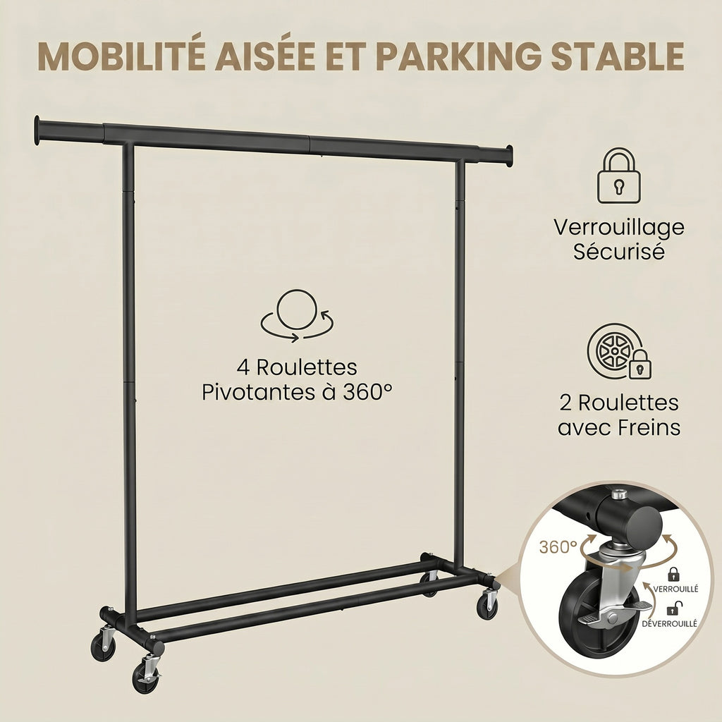 Ochama Portant à Vêtements Extensible, Tringle Robuste avec Roulettes, Penderie Mobile pour Chambre, Montage Facile, Noir