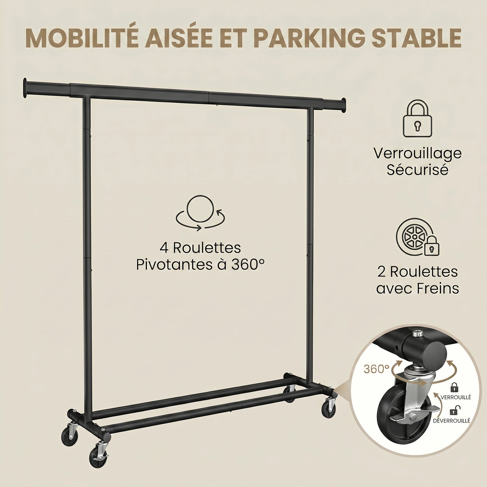 Ochama Portant à Vêtements Extensible, Tringle Robuste avec Roulettes, Penderie Mobile pour Chambre, Montage Facile, Noir