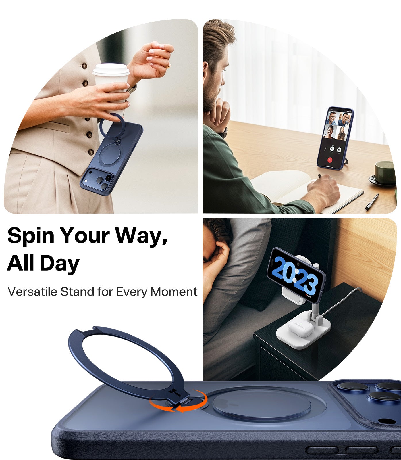 TORRAS Ostand Série Spin Coque pour iPhone 17 Pro Max Support Magnétique Rotatif à 360° Protection Militaire Finition Mate Antidérapante et Anti-traces de Doigts - Bleu Marine