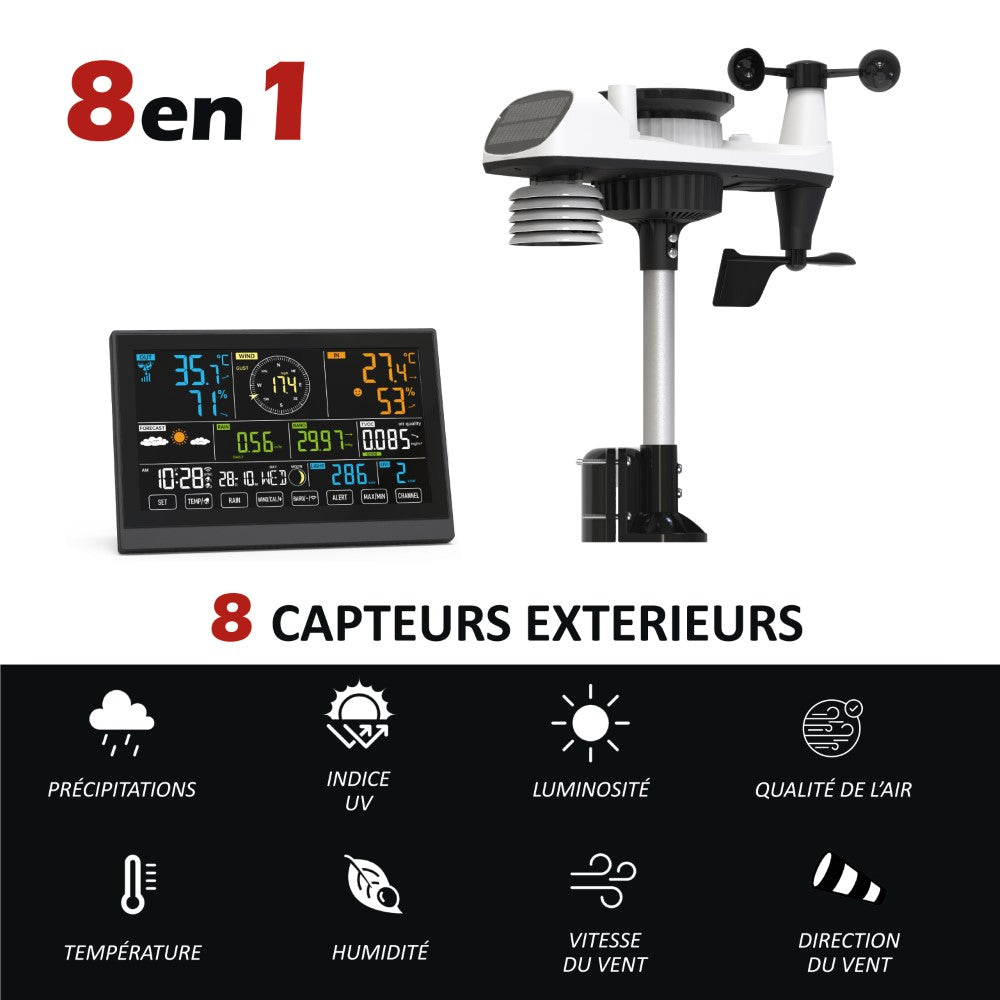 KYF Station météo intelligente solaire 8-en-1 avec surveillance de la qualité de l’air