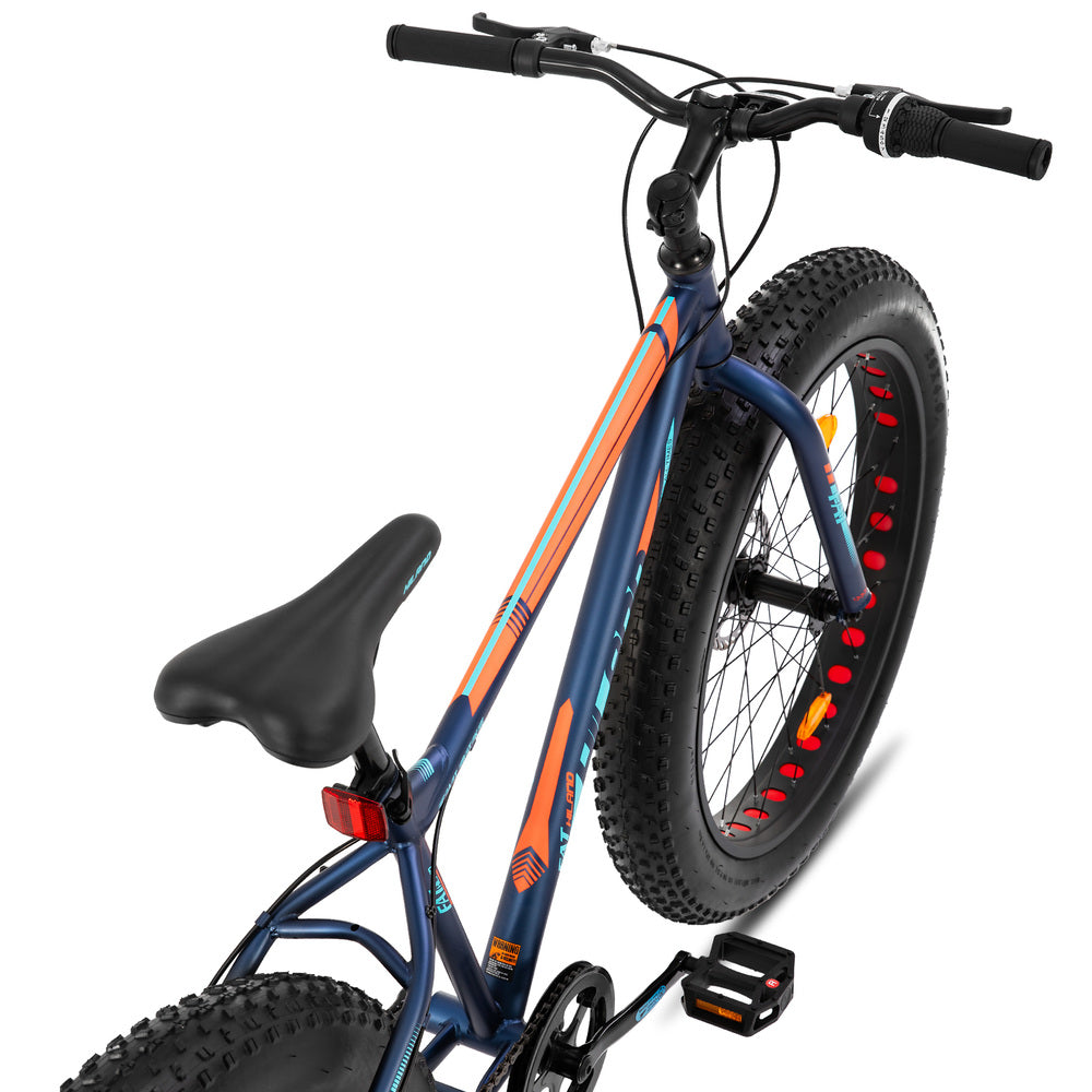 Hiland Roon VTT à pneus larges pour enfants, adolescents et adultes, standard européen, Shimano 7 vitesses, double frein à disque, bleu, 24 po