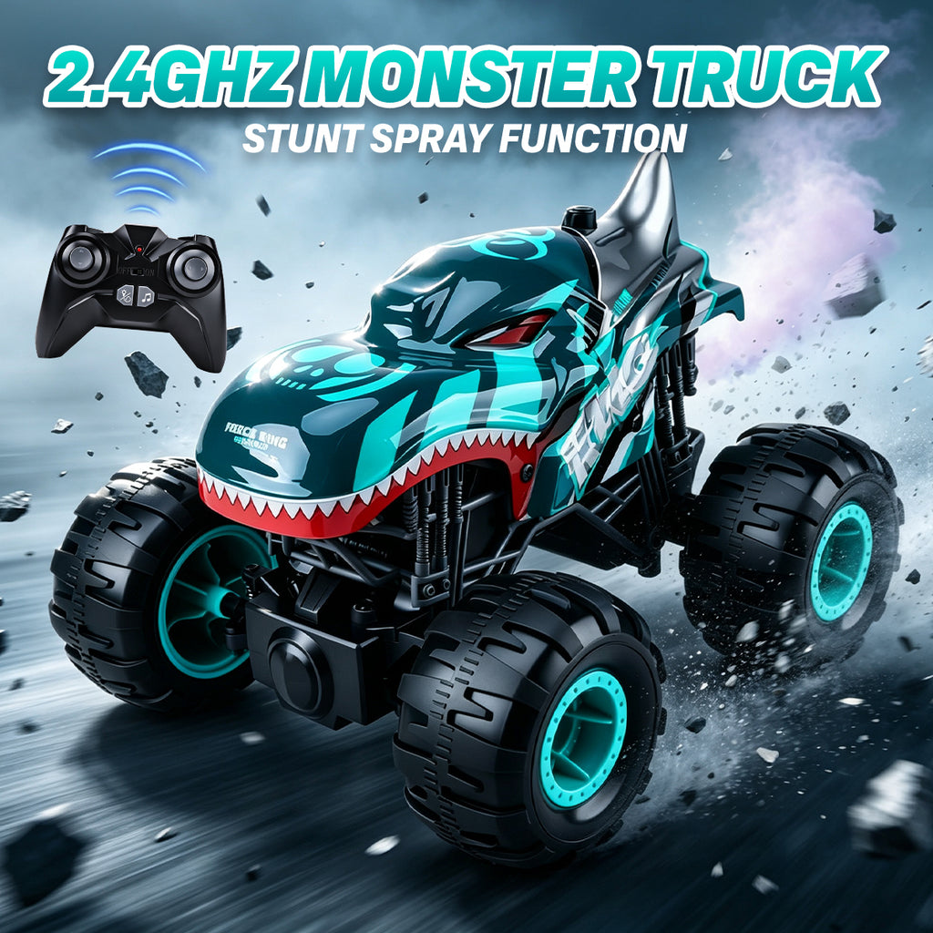 2.4GHz All-Terrain Shark Monster Truck Toy, Remote Control Truck with Music & 3 Lighting Modes, 360° Stunt Function, 2 Batteries Included Ready to Run, Toy Gift for Boys & Girls