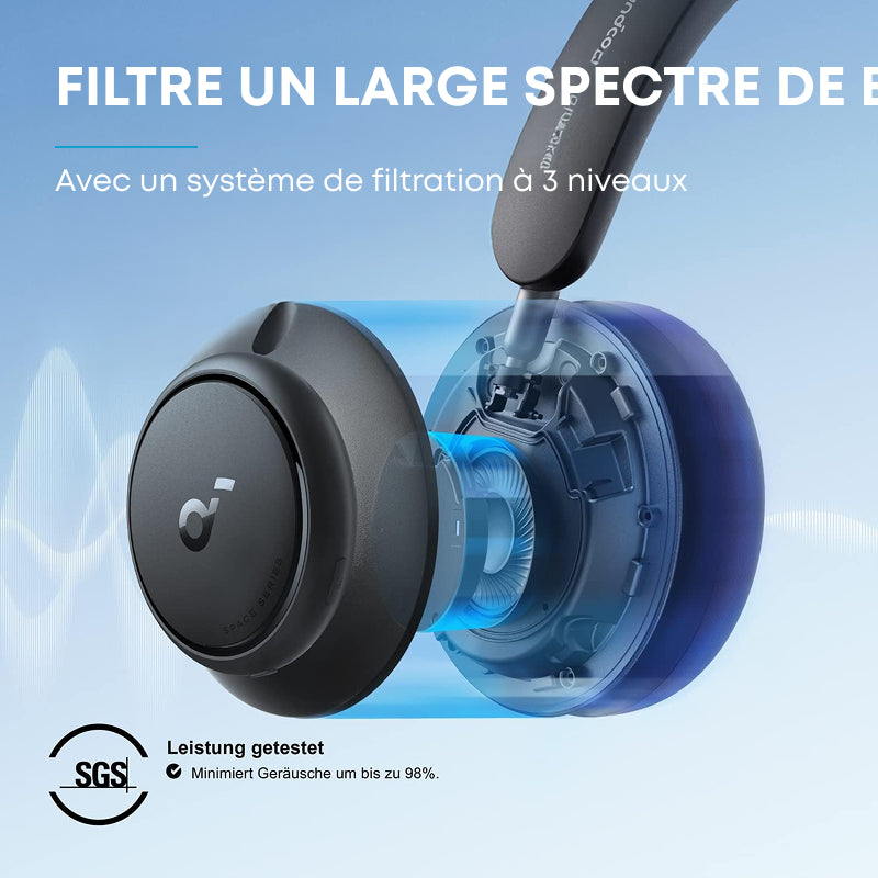 soundcore par Anker Space One Pro Casque sans fil, réduction active adaptative du bruit, 6 microphones, conception pliable, autonomie 60 h, sans perte, charge rapide, audio sans fil haute résolution LDAC