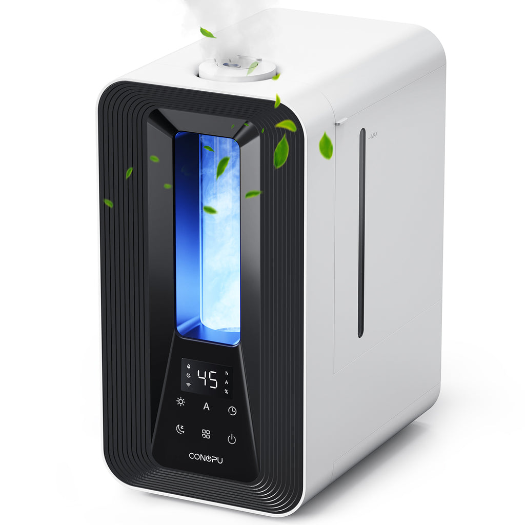 CONOPU Humidificateur à ultrasons 5 L pour chambre, Contrôle automatique intelligent de l'humidité, 2 buses à 360°, Mode sommeil silencieux, Diffuseur d'arômes, Éclairage LED, Minuterie 24 h