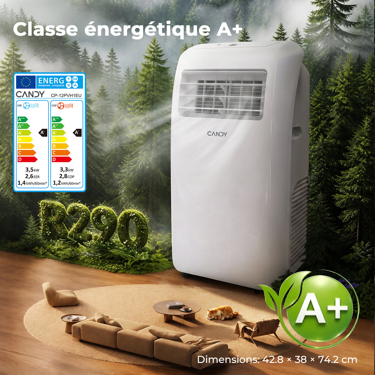 Candy 12000 BTU Climatiseur Mobile, Unité de Climatisation Intelligente 4 en 1, Refroidissement et Chauffage Rapides pour Pièces jusqu'à 35 ㎡, 3 Vitesses, Minuterie 24 H