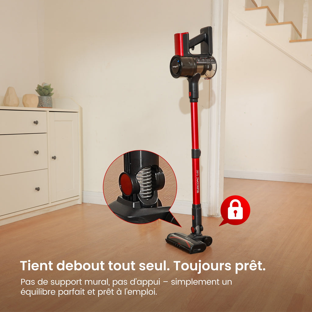MonsgaClean M100 Aspirateur sans fil rouge, 55000 Pa, 45 min, écran tactile, lumière verte pour révéler la poussière, anti-emmêlement, tient debout tout seul, rechargeable