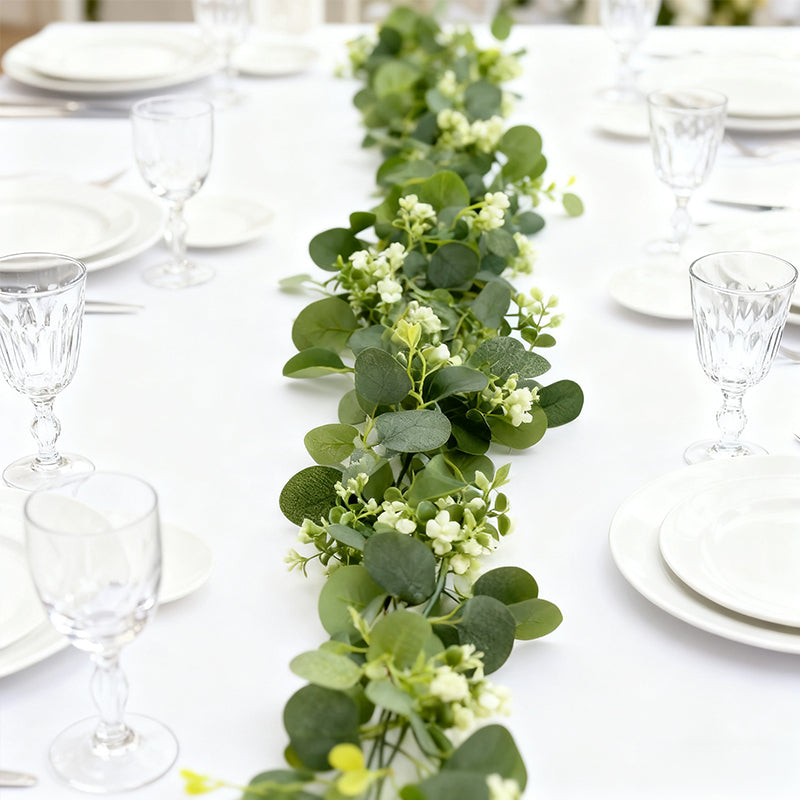 Wei's moment Lot de 2 Guirlandes d'Eucalyptus, 180 cm, Guirlandes Artificielles, Eucalyptus, Guirlande de Fleurs avec Fleurs Blanches, Guirlande de Feuilles