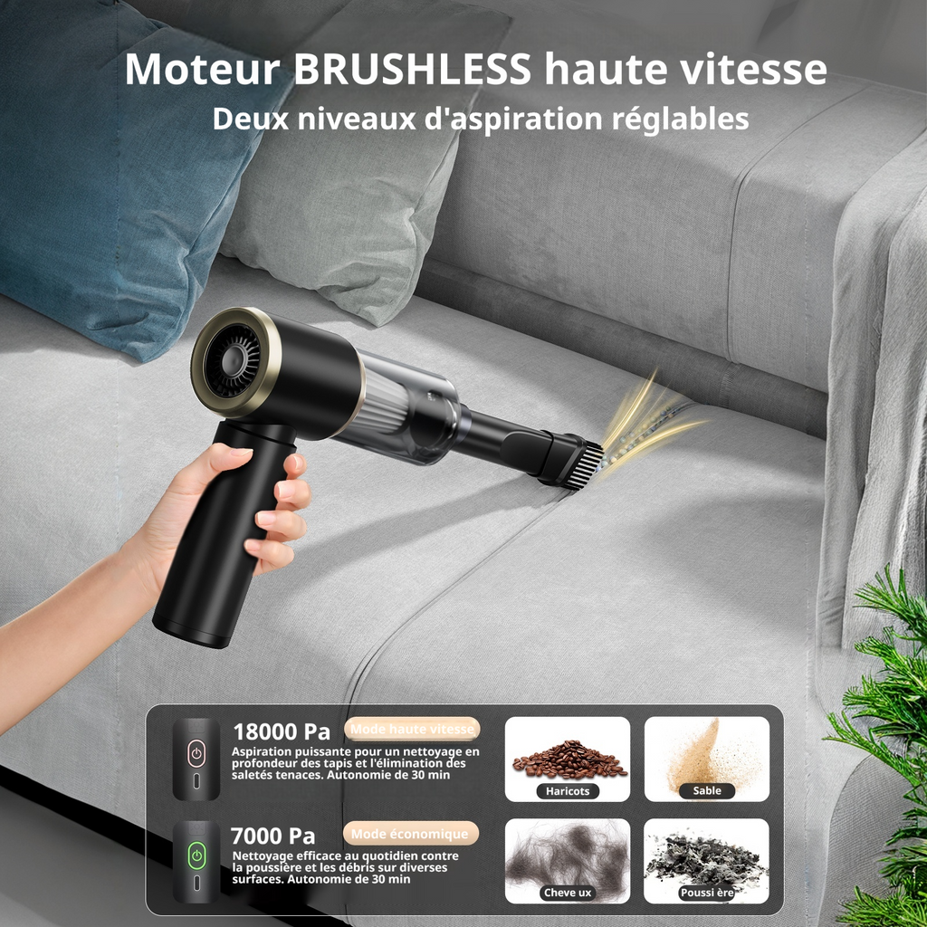 Aspirateur voiture sans fil portable Y8-Max avec éclairage LED | Puissance d'aspiration 18 000 PA | Mini aspirateur 5-en-1 & souffleur à air comprimé | Aspirateur à main pour maison