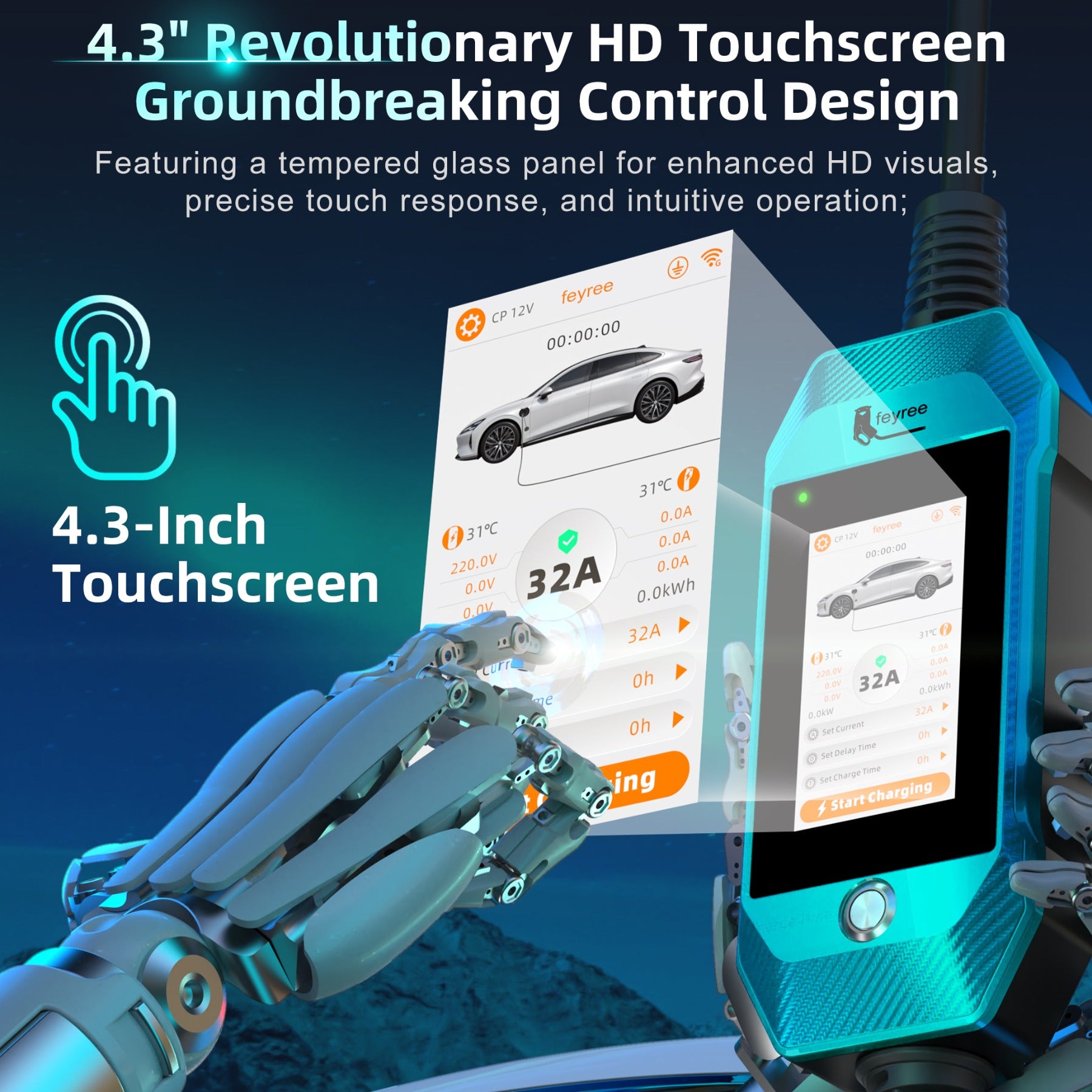 Feyree Chargeur EV portable 7 kW avec écran tactile 4,3 pouces, type 2, contrôle via application WiFi, chargeur domestique pour voiture électrique
