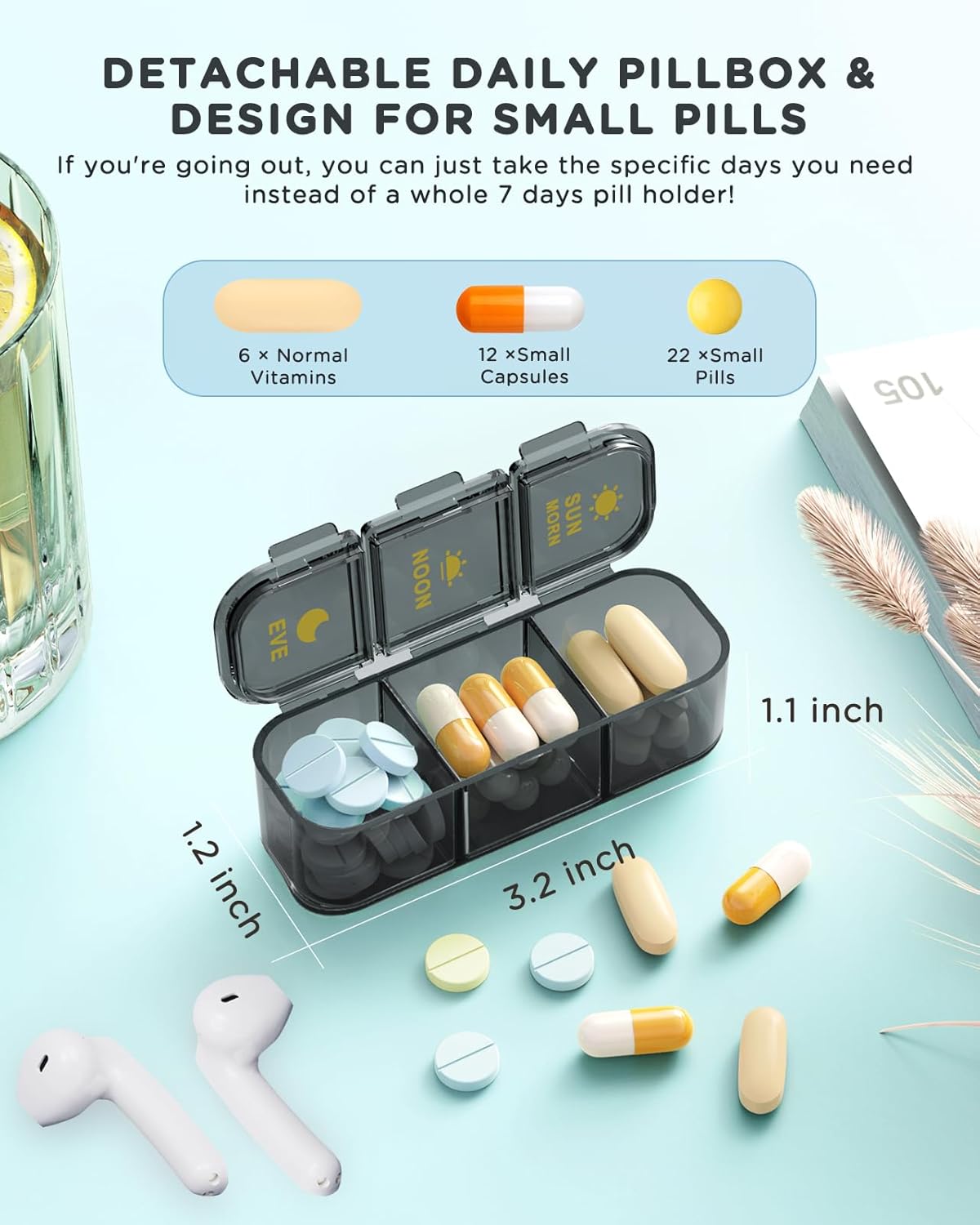 GAONLY Pilulier 3 prises par jour, pilulier 7 jours 3 prises par jour - Organiseur hebdomadaire de médicaments Acedada, 7 étuis distributeurs quotidiens détachables portables pour comprimés, vitamines, huiles de poisson et compléments, bleu