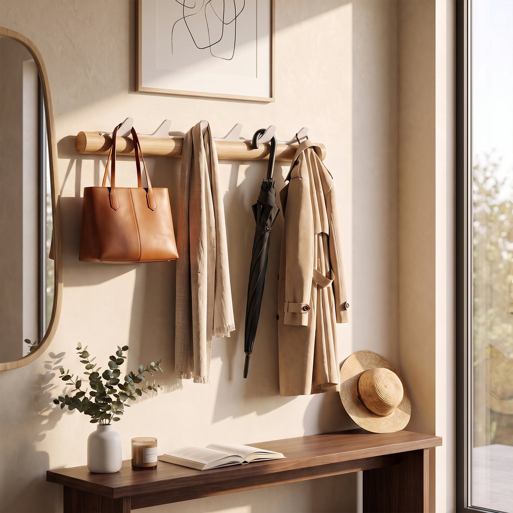 kapanou Porte-manteau mural avec 6 crochets, patère en bois rustique avec crochets en métal robustes pour serviettes, chapeaux, sac à dos, cintres, porte, salle de bain, chambre, entrée (Marron bois / Blanc), Promotion du Nouvel An, meilleures idées