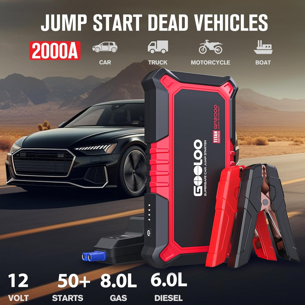 Démarreur de voiture GOOLOO GP2000 et batterie externe, 2000A, boosteur 12V extrêmement sûr, portable, pour moteurs à essence de 8,0L et à diesel de 6,0L