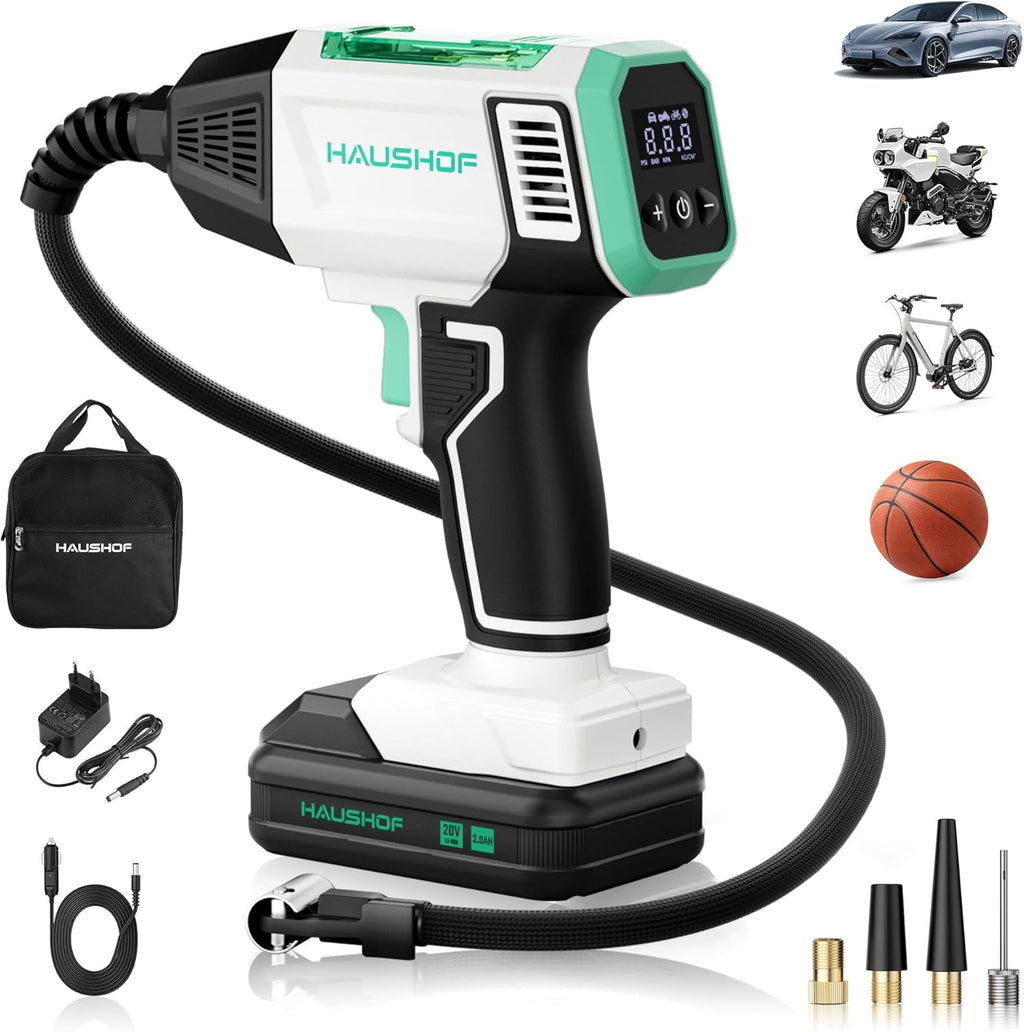 HAUSHOF Compresseur sans fil pour voitures Pompe à air portable avec batterie 2000 mAh 4 modes intelligents + mode manuel Affichage numérique Arrêt automatique pour pneus motos vélos ballons