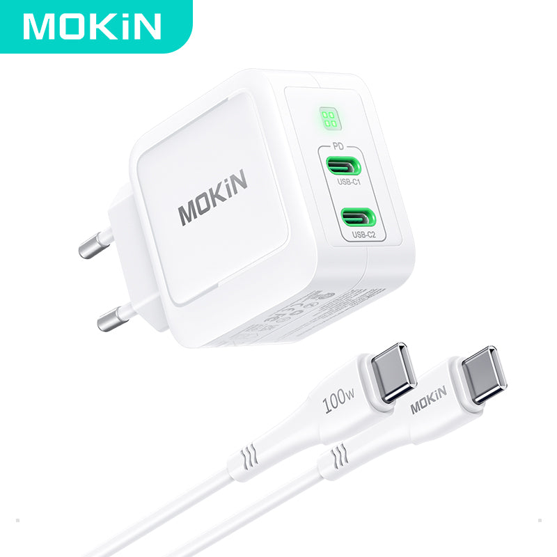 MOKiN PD67W GaN Chargeur double USB-C UE Blanc avec câble USB-C 1,2 m