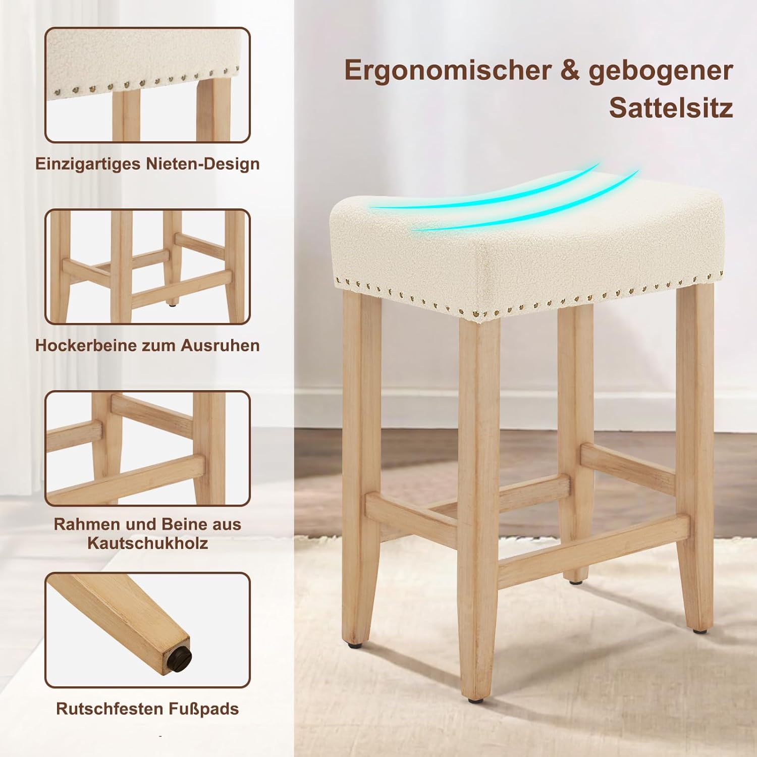 Ckaff Lot de 2 tabourets de bar, tabourets de bar de 65,5 cm de hauteur, chaises de cuisine en Sherpa, chaise de maquillage, chaise de salle à manger, tabouret de salle de bain
