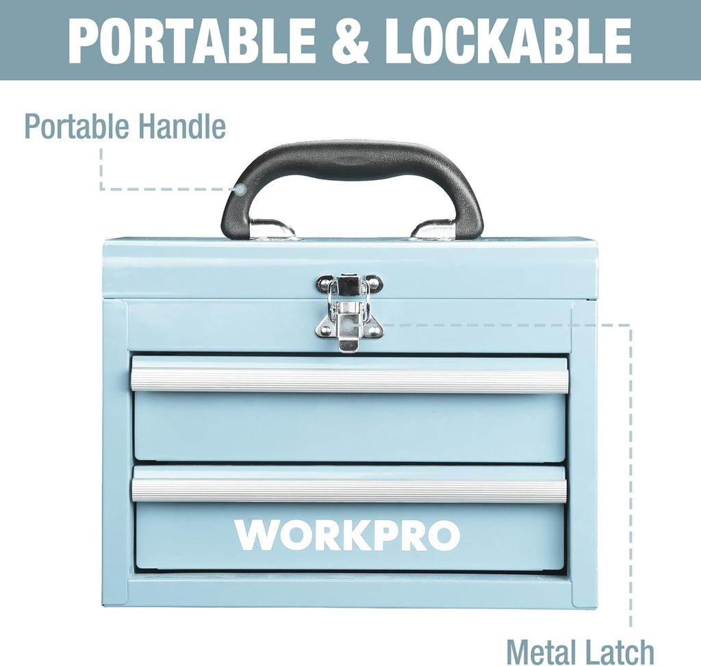 WORKPRO Boîte à outils portable en métal avec 2 tiroirs et espace de rangement supérieur, Bleu clair, 27,5 x 15 x 20,8 cm, Organiseur de table avec tiroirs et poignée pour bureau