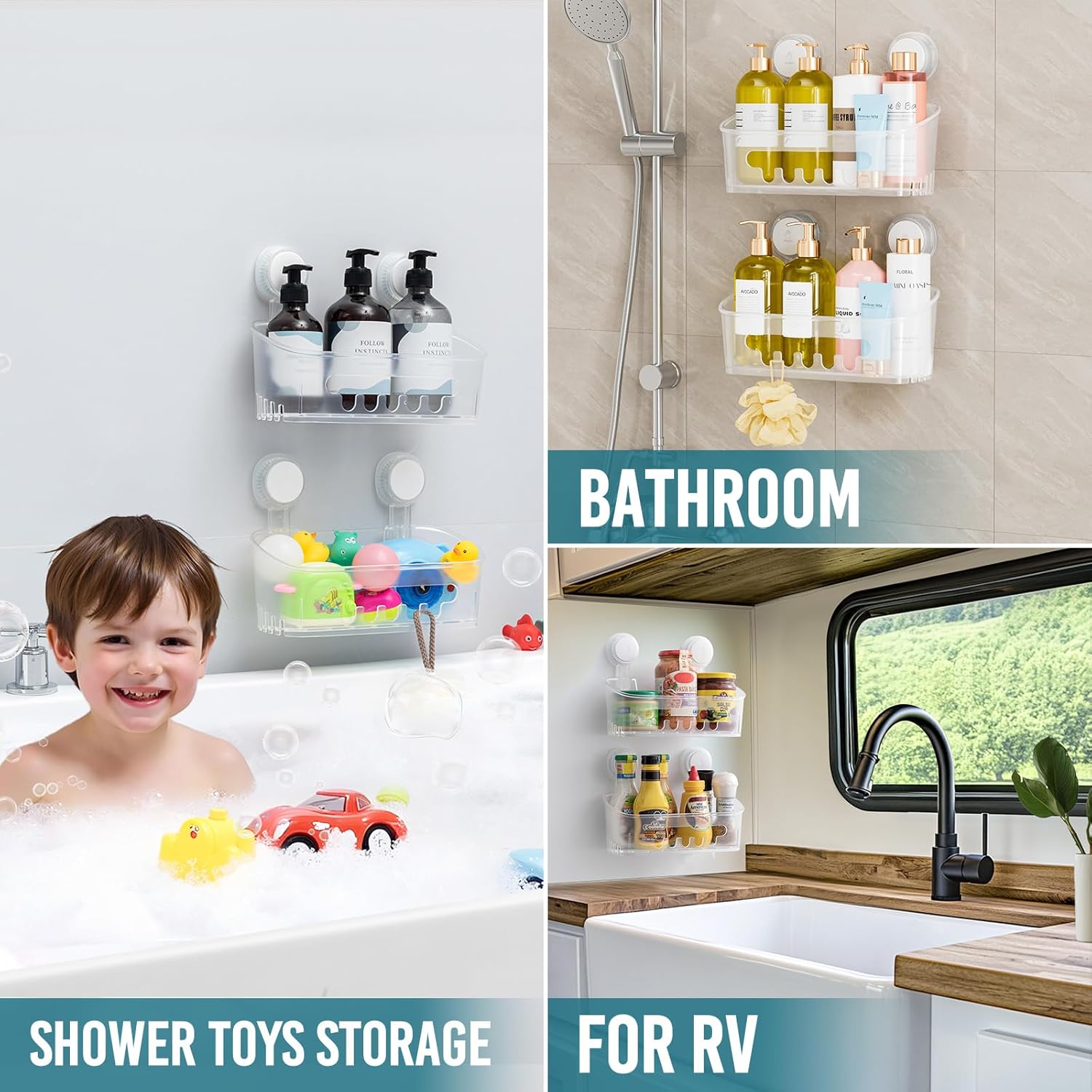 Taili Panier de douche à ventouse, organiseur de salle de bain robuste, étagères amovibles pour intérieur de douche, shampooing
