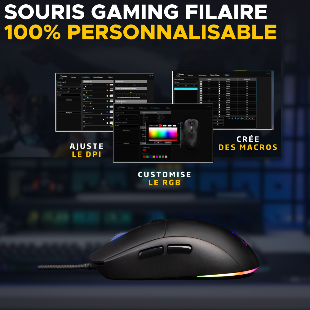 THE G-LAB Kult Cobalt Souris Gaming Filaire - 12800 DPI, 6 Boutons - Noir