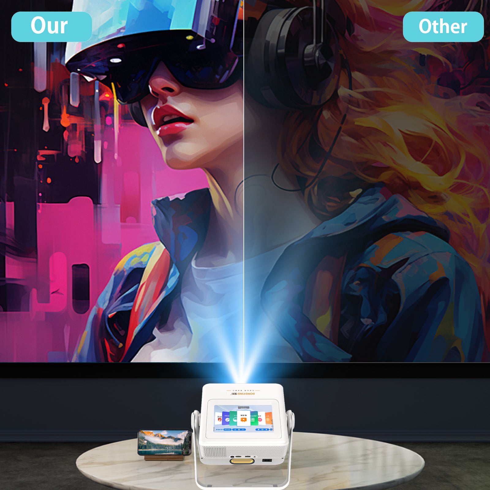 XBJ Projecteur d'extérieur avec tablette tactile, Écran géant de 300" pour projecteur intelligent de home cinéma, Supporte natif 1080P/4K, Avec système Android, 800 ANSI