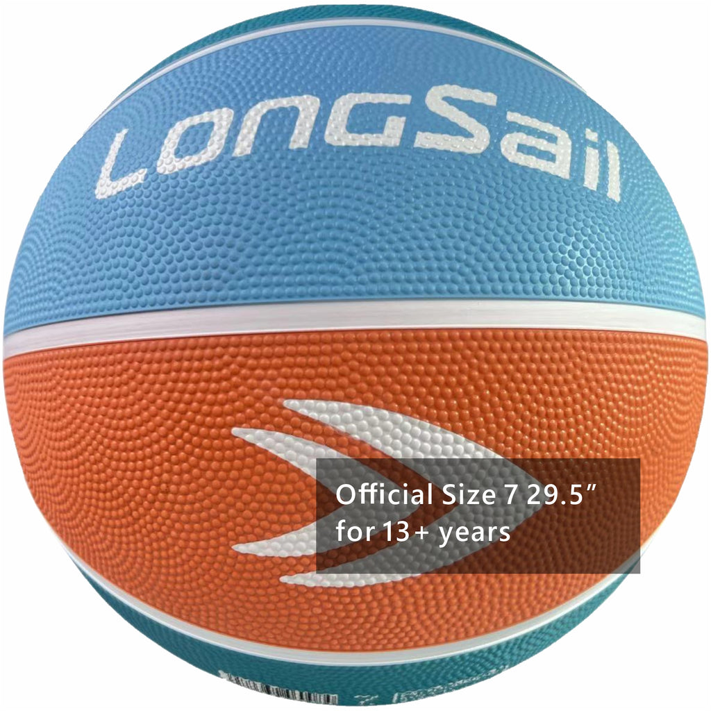 LONGSAIL Ballon de basket en caoutchouc haute qualité 29,5 po Taille 7 Mandarine / Bleu clair / Bleu saphir / Bleu océan profond
