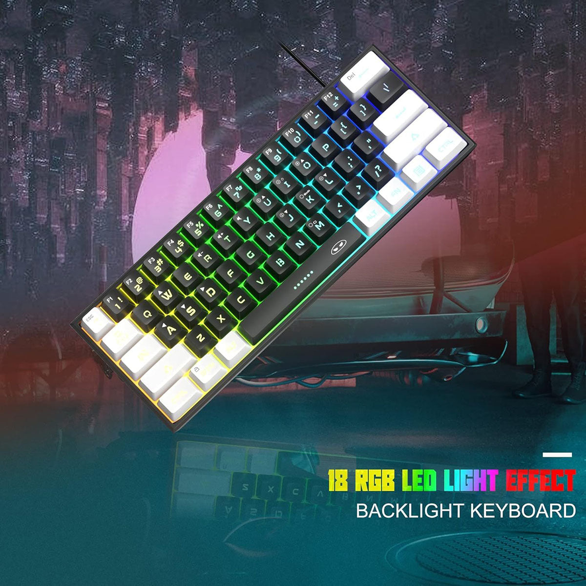 MageGee TS91 clavier de jeu filaire 60 %, disposition QWERTY US, rétroéclairage RGB, 61 touches, ultra-compact, TS91 ergonomique, étanche, à effet mécanique, pour PC, Mac, PS4, Xbox One, gamer (Blanc/Noir)