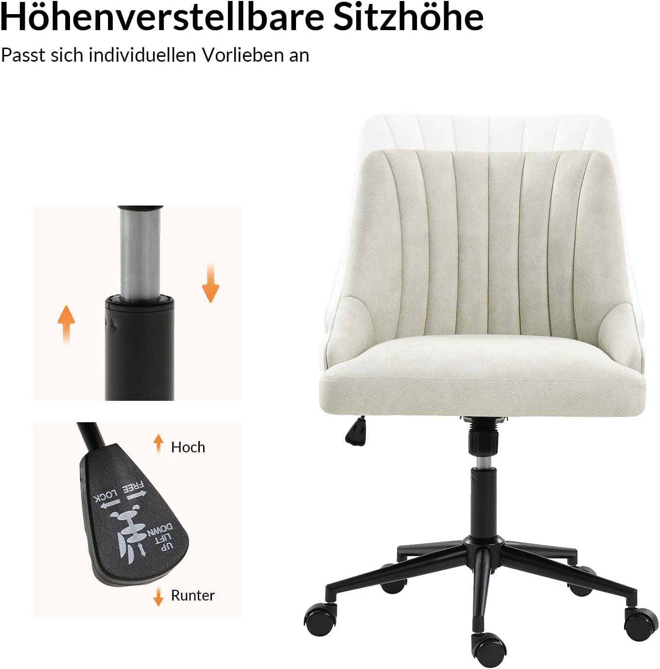 HULALA HOME Chaise de bureau moderne sans accoudoirs avec assise rembourrée, dossier matelassé, pivotante 360° à hauteur réglable et structure en métal robuste - Blanc