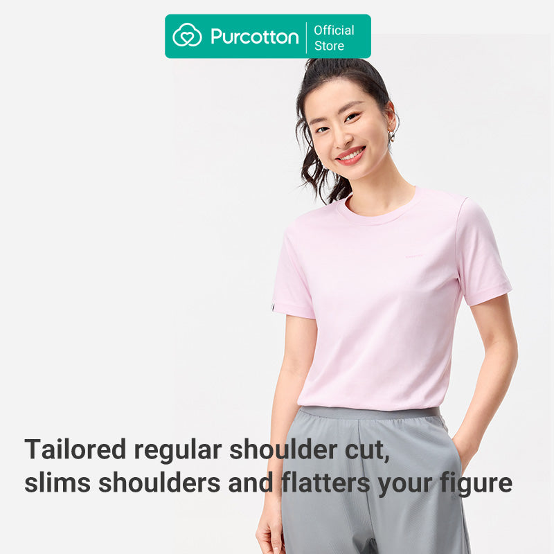 Purcotton T-shirt Femme Col Rond Antibactérien - Confortable & Doux Pour La Peau - Polyvalent & Basique - Commutation Quotidienne - Rose Eau - 165/88A