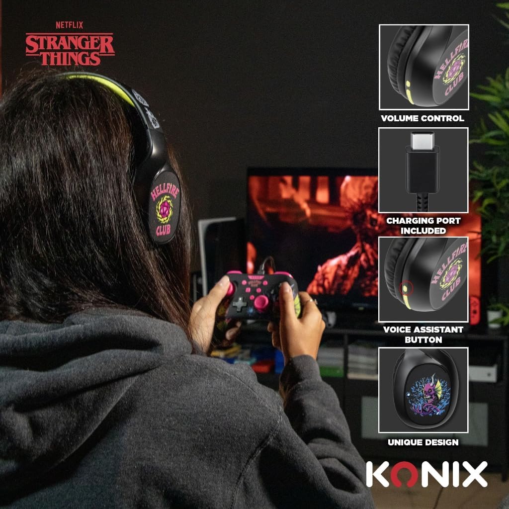 Konix Stranger Things Casque audio supra-auriculaire sans fil Bluetooth 5.3 PC, smartphones, tablettes - Microphone - Autonomie 30 h - Noir et jaune