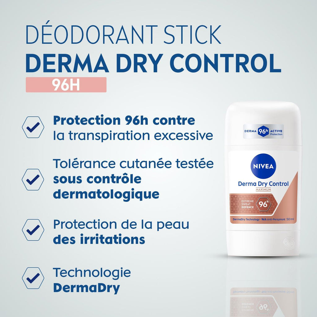 NIVEA Déodorant Femme Aisselles Derma Dry Control 96H Stick 50 ml
