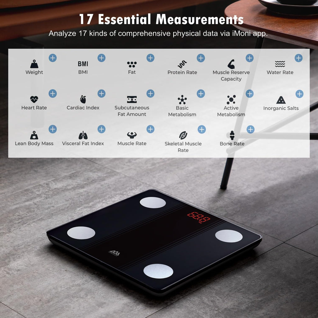 Pèse-personne SENSSUN avec application, pèse-personne intelligente avec analyse corporelle Bluetooth et fonction de composition corporelle, 150 kg/330 LB, 26 x 26 cm, affichage LED (Noir)