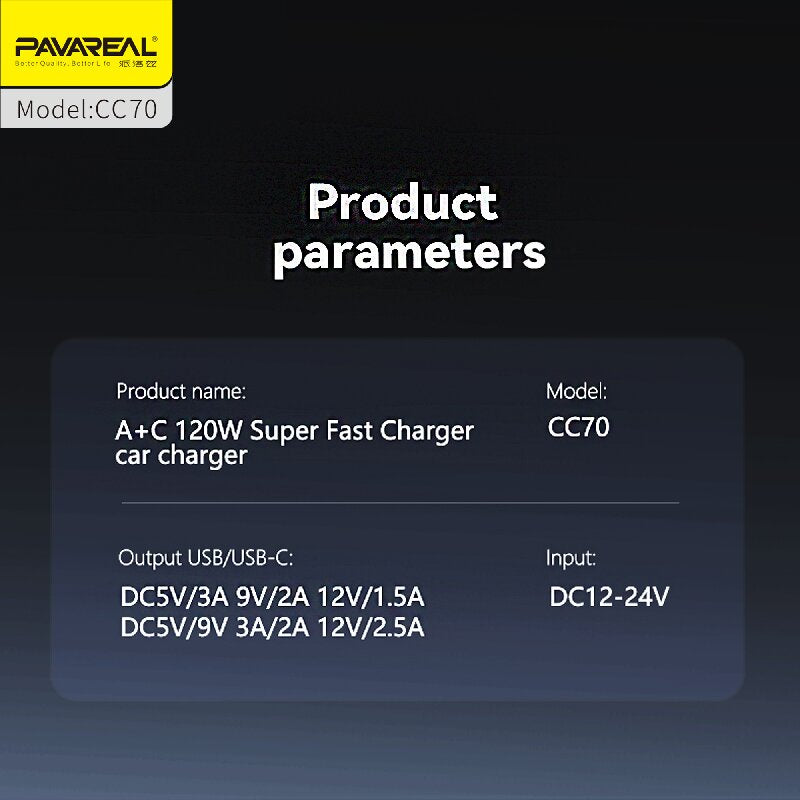 PAVAREAL Chargeur de voiture CC70 PD20W+100W compatible charge rapide pour séries iPhone, iPad