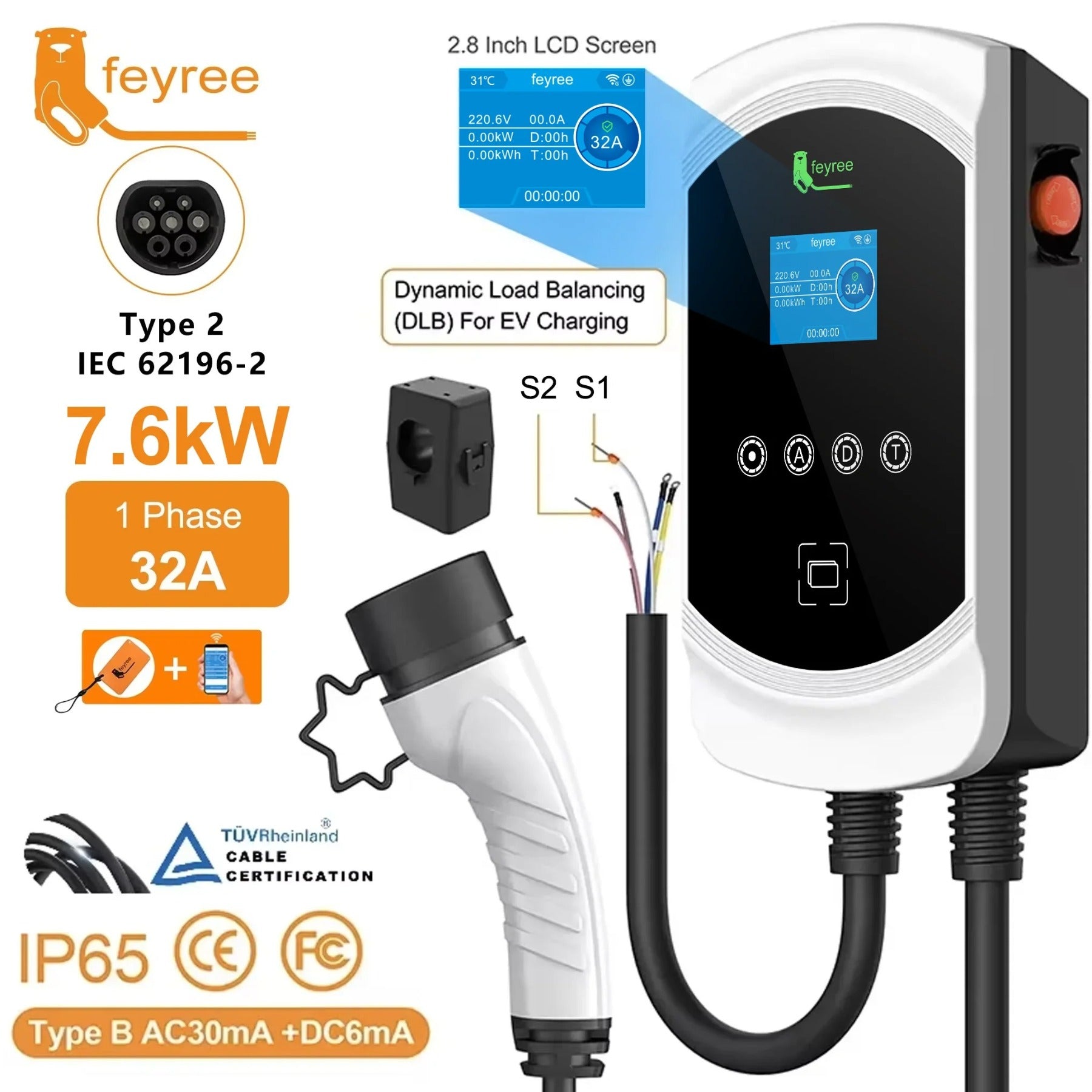 feyree Chargeur EV Type 2 32 A 7,6 kW 1P Équilibrage dynamique de la charge Modèle EVSE Wallbox Fonctionnalité d’application Wi-Fi intelligente pour voitures électriques
