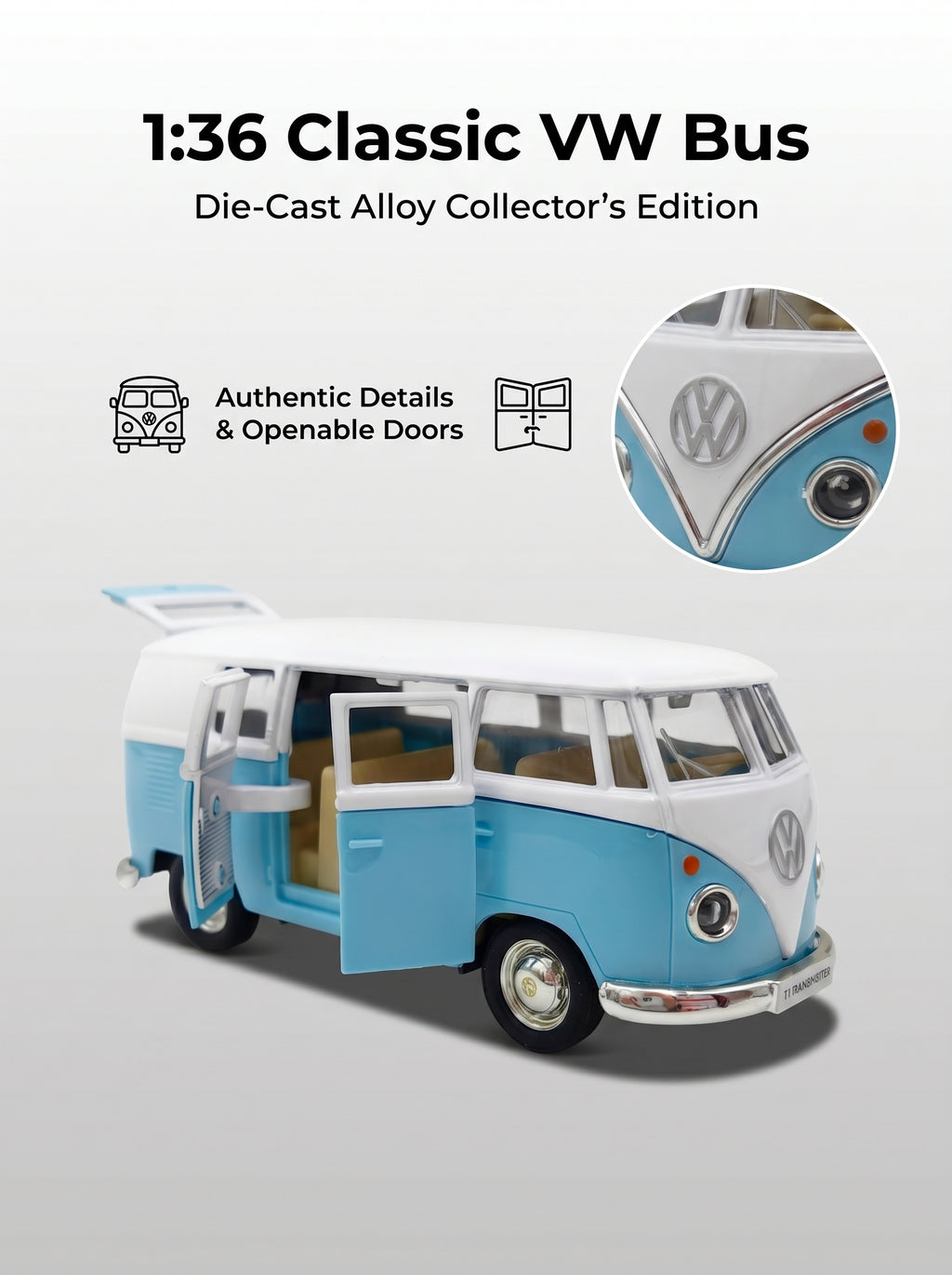 Modèle réduit 1:36 Volkswagen T1 – Bleu, portes ouvrantes, action à recul, voiture miniature moulée sous pression – jouet pour enfants, cadeau pour garçons, pièce de collection à exposer