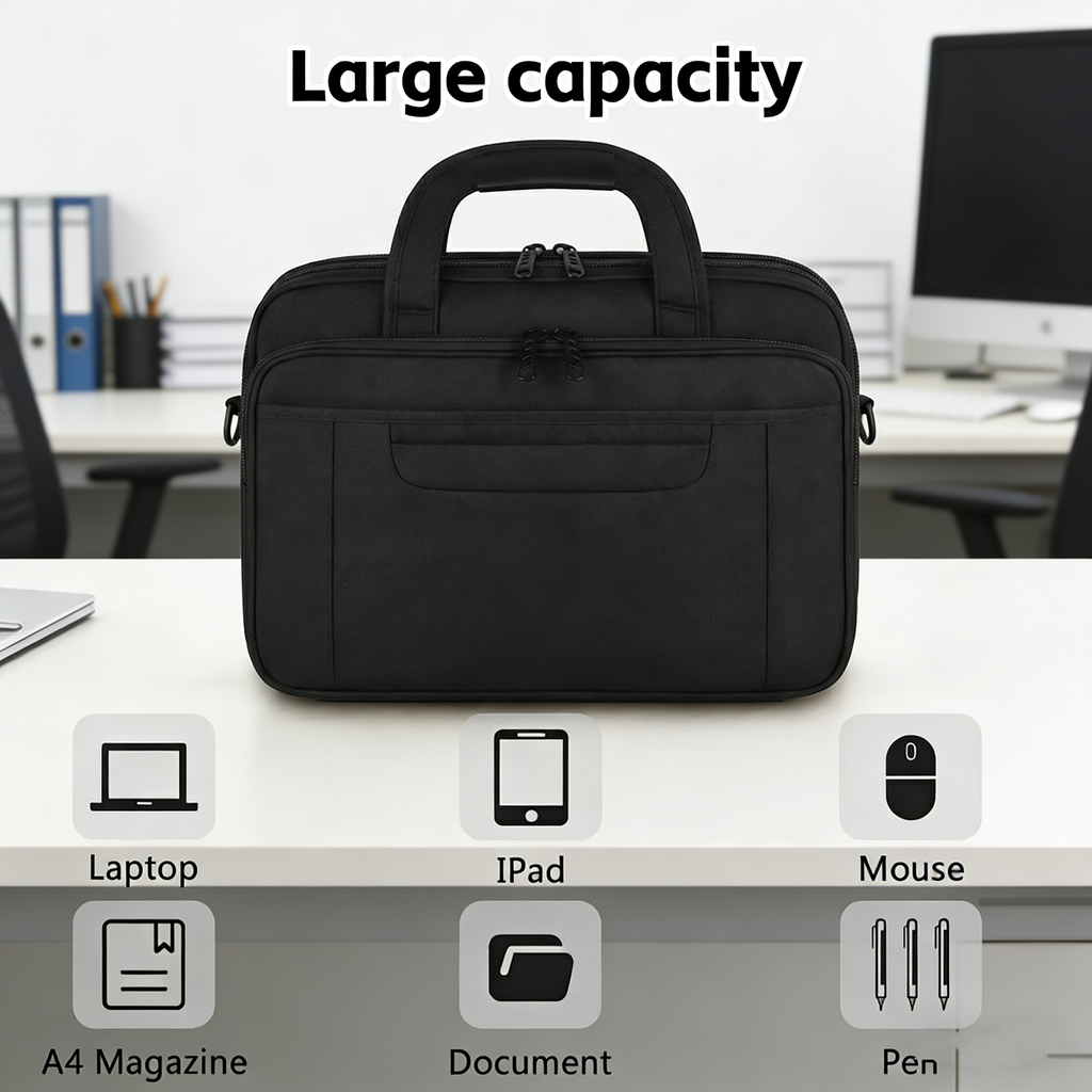 Sacoche pour ordinateur portable 15,6 pouces, porte-documents imperméable pour ordinateur portable pour hommes et femmes, grand sac messager professionnel à bandoulière pour ordinateur, Noir