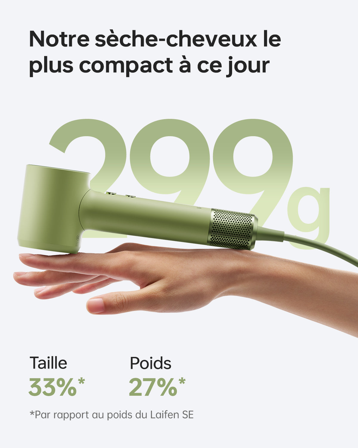 Laifen mini sèche-cheveux, ions négatifs avec moteur sans balais (110 000 tr/min), séchage rapide, sèche-cheveux de voyage silencieux (vert)