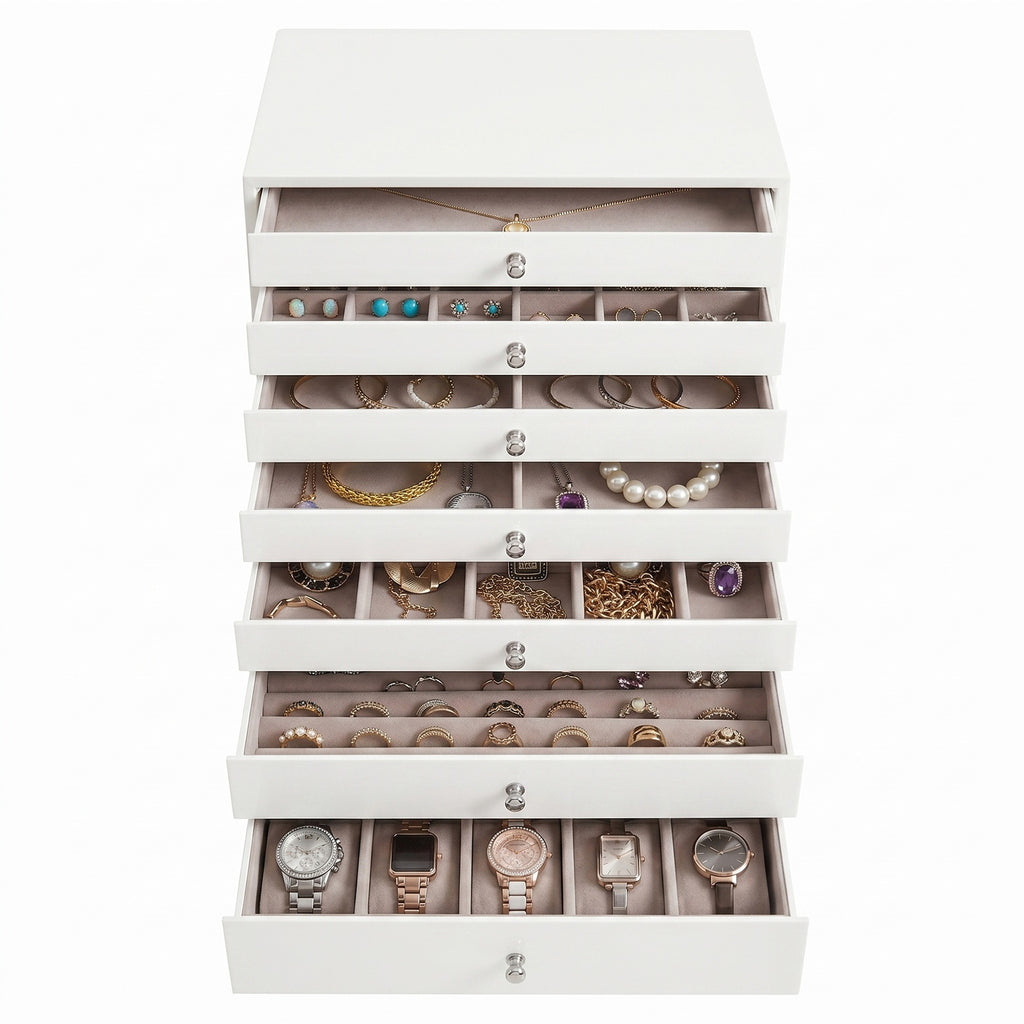 JOYFURNOS Organisateur de bijoux avec tiroirs, Boîte de rangement à 8 niveaux, Grande capacité, Idée cadeau moderne, Pour chambre, Blanc