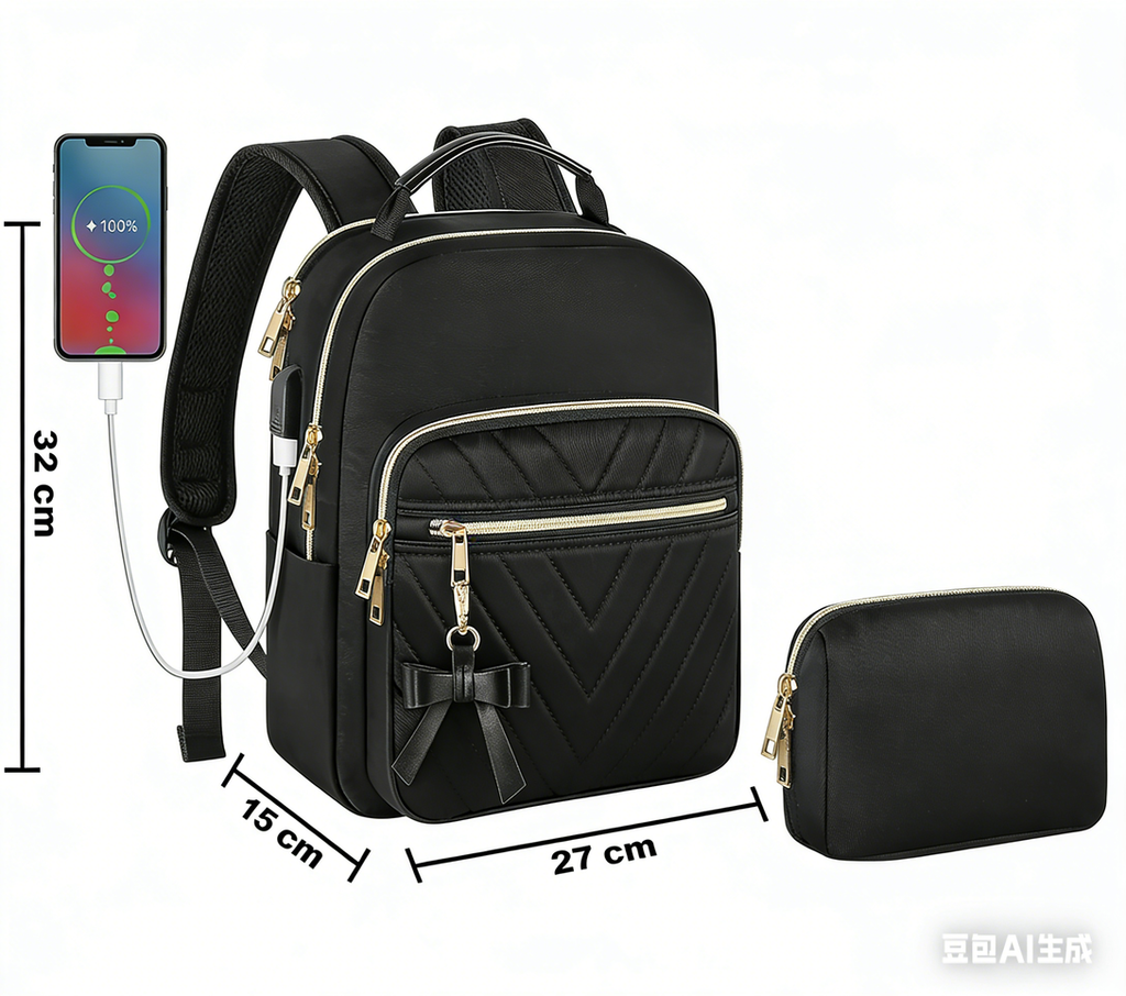 Petit sac à dos scolaire femme élégant Et ensemble portefeuille 2-en-1 Imperméable Sac à dos urbain décontracté avec port de charge USB Sac à main moderne pour voyage travail Noir